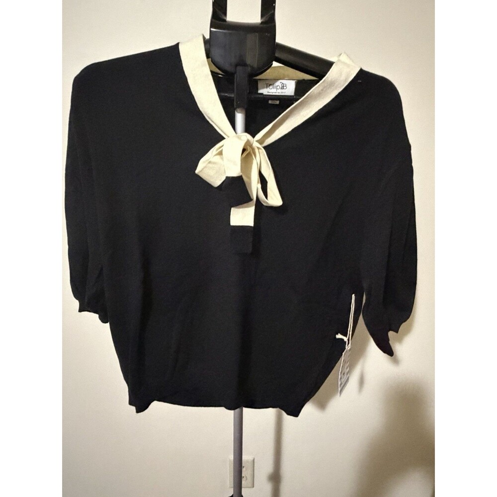 Tulip Black Ivory Solid V-Neck Short Sleeve Bow Tie Pullover Sweater L